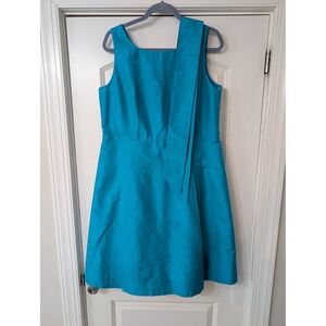 Talbots Women 14 Turquoise Blue 100% Silk Dupioni Fit Flare Cocktail Dress Sash‎